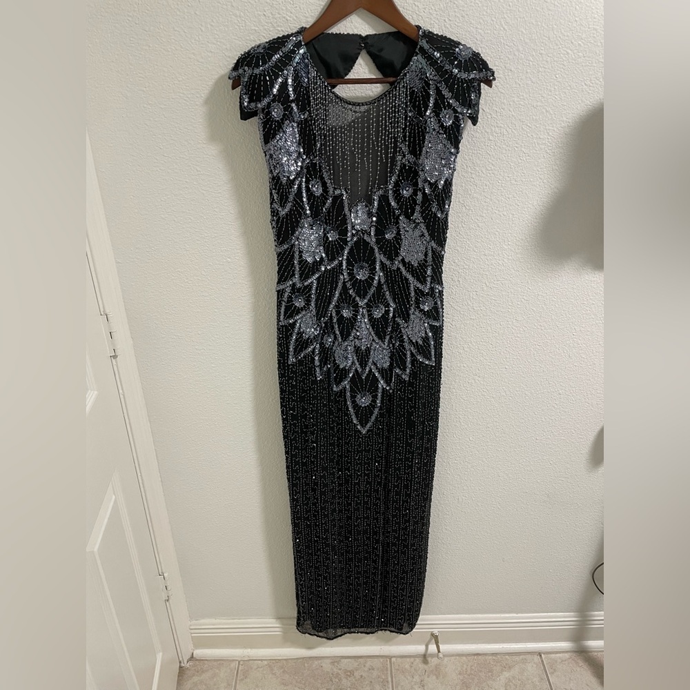 Nadine silk vintage Elegant Black, blue and Silver Sequin Dress